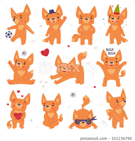 Cute Fennec Fox with Red Coat and Large Ears Engaged in Different Activity Vector Set 101236790