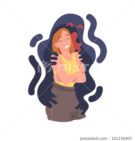 Young Woman Feeling Anger and Malice Grasped by Dark Inner Monster Vector Illustration 101236807