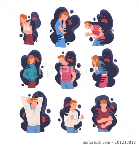 Man and Woman Feeling Fear, Anger and Malice Grasped by Dark Inner Monster Vector Set 101236818