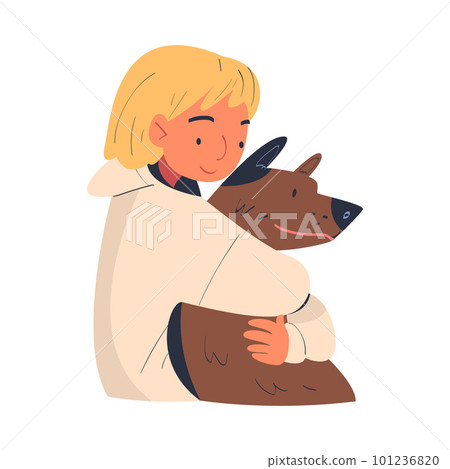 Young Woman Character Embracing Her Favorite Dog Pet Vector Illustration 101236820