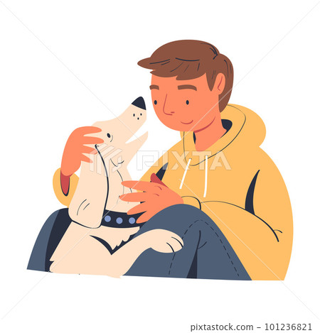 Young Man Character Embracing His Favorite Dog Pet Vector Illustration 101236821