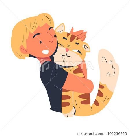 Little Boy Character Embracing His Favorite Cat Pet Vector Illustration 101236823