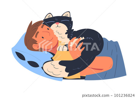 Young Man Character with His Favorite Cat Pet Lying on Pillow in Bed Vector Illustration 101236824