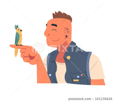 Young Man Character with Hawk Hairdo Having His Favorite Parrot Pet Sitting on His Finger Vector Illustration Young Man Character with Hawk Hairdo Having His Favorite Parrot Pet Sitting on His Finger Vector Illustration 101236826