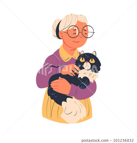 Senior Woman Character in Glasses Stroking Fluffy Cat as Her Favorite Pet Vector Illustration 101236832