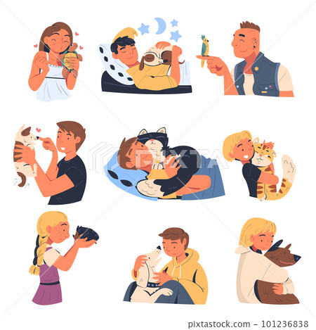 People Characters with Their Favorite Pets Cuddling and Loving Them Vector Illustration Set 101236838