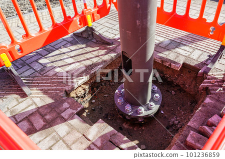 Electric tram catenary new metal pole base fixing with large nuts Electric tram catenary new metal pole base fixing with large nuts 101236859