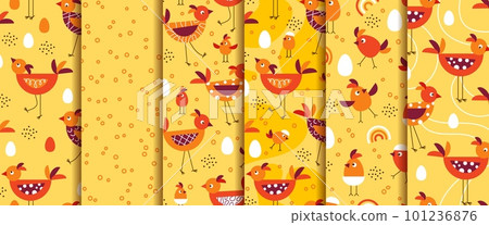 Seamless patterns with cute cartoon birds, chicks 101236876