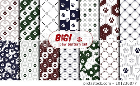 Set with seamless patterns with pet footprints, hearts. Set with seamless patterns with pet footprints, hearts. 101236877
