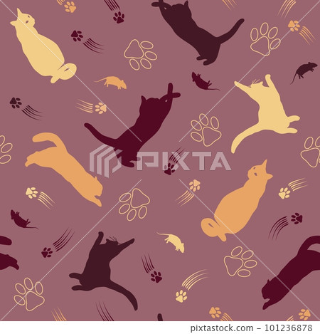 pattern with multicolor silhouettes of cats, mouse, contour cat footprint, scratches pattern with multicolor silhouettes of cats, mouse, contour cat footprint, scratches 101236878