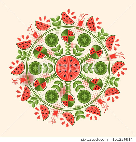 Round ornament with watermelon in simple geometric style. Chunks, pieces of fruit. Good for decoration of food packaging, cover design, decorative print, background 101236914