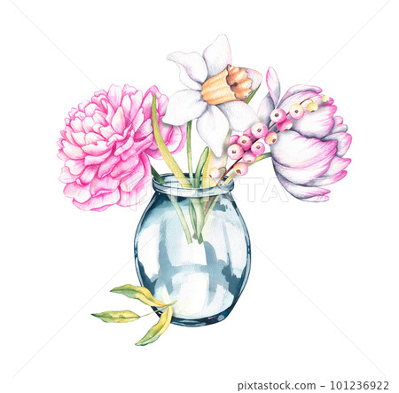 Flowers bouquet in glass vase watercolor bouquet on white background Flowers bouquet in glass vase watercolor bouquet on white background 101236922
