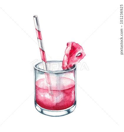 Watercolor glass with a red drink, a straw, a piece of watermelon on a white background. 101236925