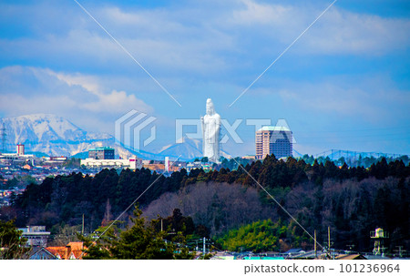 West Sendai Kannon statue and cityscape seen from Daihara Park on the hill 101236964