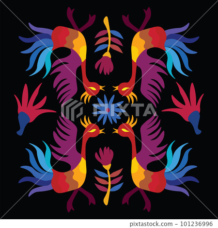 Square vector illustration with birds and flowers inspired by traditional Mexican Otomi embroidery on black background 101236996