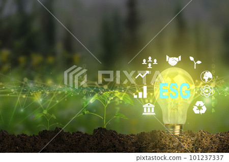 Global ESG technology concept. Bulb and holographic button. Environmental, Social, and Corporate Governance idea. Global ESG technology concept. Bulb and holographic button. Environmental, Social, and Corporate Governance idea. 101237337