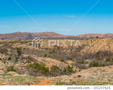 Sunny view of the landscape of Crab Eyes Trail in Wichita Mountains National Wildlife Refuge 101237828