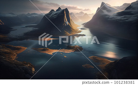 Beautiful landscape with high mountains and lagoon water with sunlight golden sunrise, nature, Generative AI 101238381