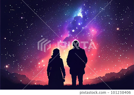 Silhouettes of an elderly woman, and elderly man, stand against the background of the starry sky Silhouettes of an elderly woman, and elderly man, stand against the background of the starry sky 101238406