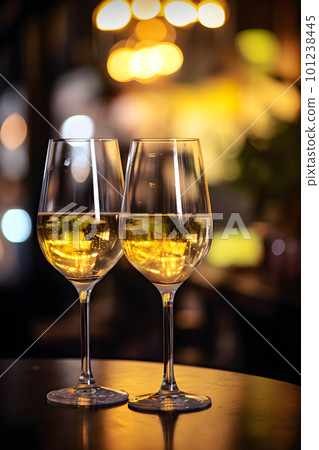 Generative Ai illustration , Wine glasses in a restaurant setting. 101238445
