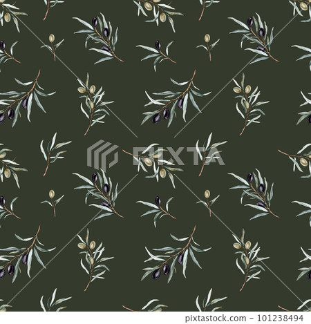 Watercolor seamless pattern with black and green olives and branch. Hand painted olives isolated on white background. Botanical illustration for design, print, fabric or background Watercolor seamless pattern with black and green olives and branch. Hand painted olives isolated on white background. Botanical illustration for design, print, fabric or background 101238494