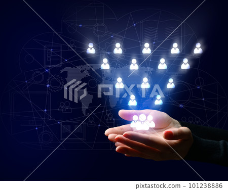 Two female hands and employees icons, recruitment concept, hierarchy in the company Two female hands and employees icons, recruitment concept, hierarchy in the company 101238886