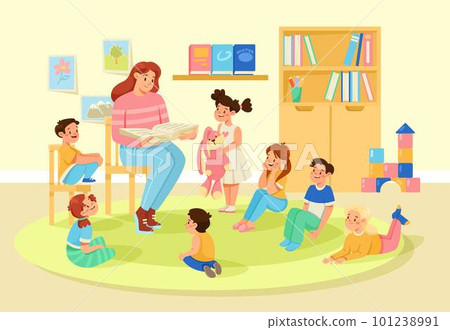 Teacher Reading Book with Little Kids in Kindergarten Listening to Fairytale Vector Illustration 101238991