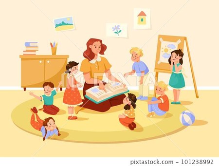 Teacher Reading Book with Little Kids in Kindergarten Listening to Fairytale Vector Illustration Teacher Reading Book with Little Kids in Kindergarten Listening to Fairytale Vector Illustration 101238992