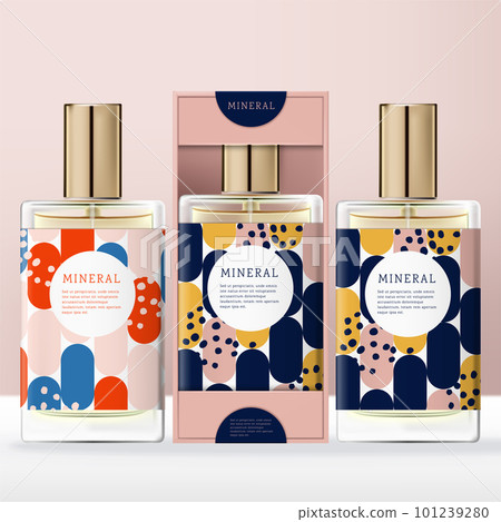 Vector Clear Glass or Plastic Tall Screw Cap Perfume or Fragrance Bottle with Abstract Print Open Window Carton Box Packaging. Vector Clear Glass or Plastic Tall Screw Cap Perfume or Fragrance Bottle with Abstract Print Open Window Carton Box Packaging. 101239280