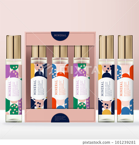 Vector Clear Glass or Plastic Tall Screw Cap Perfume or Fragrance Bottle with Abstract Print Open Window Carton Box Packaging. Vector Clear Glass or Plastic Tall Screw Cap Perfume or Fragrance Bottle with Abstract Print Open Window Carton Box Packaging. 101239281