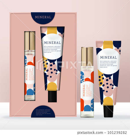 Vector Clear Glass or Plastic Tall Screw Cap Perfume or Fragrance Bottle and Hand Cream Tube with Abstract Print Open Window Carton Box Packaging. Vector Clear Glass or Plastic Tall Screw Cap Perfume or Fragrance Bottle and Hand Cream Tube with Abstract Print Open Window Carton Box Packaging. 101239282