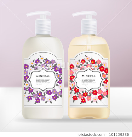 Vector Tinted Opaque or Clear Plastic Spray, Pump or Serum Bottle Package Set with Floral Print Wrapping Label. Transparent White Caps. 101239286