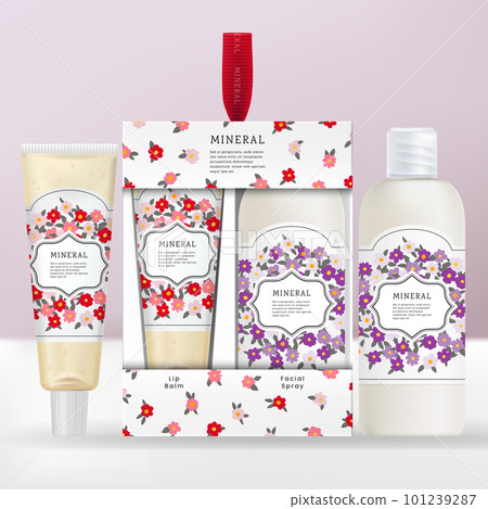Vector Festive Collection or Seasonal Gifting Lip Gloss or Hand Cream Tube and Body Wash Bottle Packaging with Floral Print Pattern. Vector Festive Collection or Seasonal Gifting Lip Gloss or Hand Cream Tube and Body Wash Bottle Packaging with Floral Print Pattern. 101239287