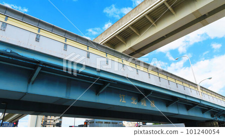 The scenery of the blue sky where the tracks of the Kohoku Overpass and the Nippori-Toneri Liner on the Circular Route 7 in Adachi-ku, Tokyo intersect 101240054