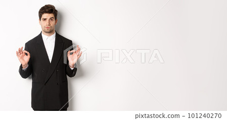 Concept of new year party, celebration and lifestyle. Portrait of confident good-looking man in black suit, showing okay sign and approve something, standing over white background 101240270