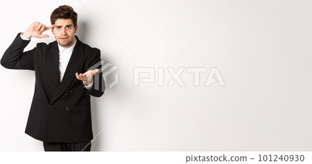 Portrait of confused handsome businessman scolding employee, pointing at head and camera, standing disappointed over white background Portrait of confused handsome businessman scolding employee, pointing at head and camera, standing disappointed over white background 101240930