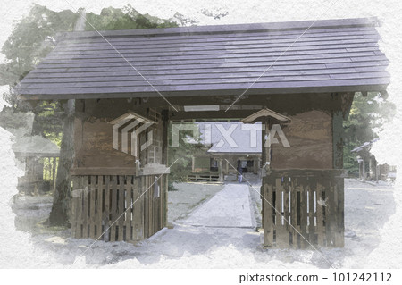 島根縣出雲市水彩風格須佐神社隨神門 101242112
