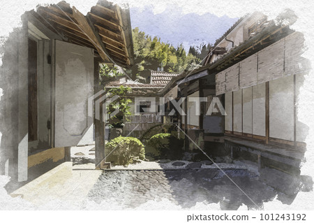 Watercolor style Omori townscape of Iwami Ginzan Silver Mine Kumagai Family Residence Ota City, Shimane Prefecture 101243192