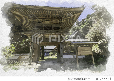 Watercolor style Omori townscape of Iwami Ginzan Silver Mine Shogenji temple gate Ota City, Shimane Prefecture 101243381