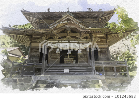 Watercolor-style Omori townscape of Iwami Ginzan Silver Mine Jojo Shrine Worship Hall Ota City, Shimane Prefecture 101243688