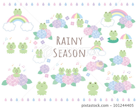Illustration set of cute frogs in the rainy season Illustration set of cute frogs in the rainy season 101244405