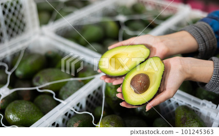 Farmer woman holding cut ripe hass avocado in hands Farmer woman holding cut ripe hass avocado in hands 101245363
