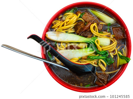 Bowl of ramen with wheat noodles, veal, mushrooms, chard 101245585
