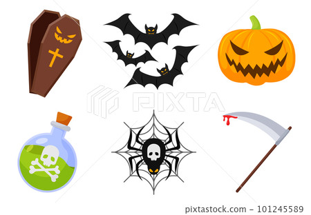 Halloween icons element vector set with tombstone, bat, pumpkin spider and other witch symbols. Halloween icons element vector set with tombstone, bat, pumpkin spider and other witch symbols. 101245589