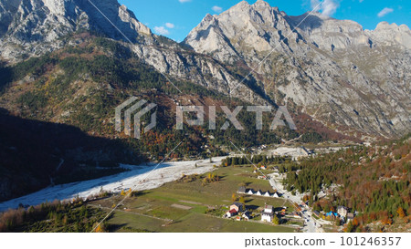 Aerial view drone shot landscape of Valbona in Albania. Aerial view drone shot landscape of Valbona in Albania. 101246357
