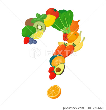 Vector illustration of a question mark made of vegetables and fruits. Vector illustration of a question mark made of vegetables and fruits. 101246660