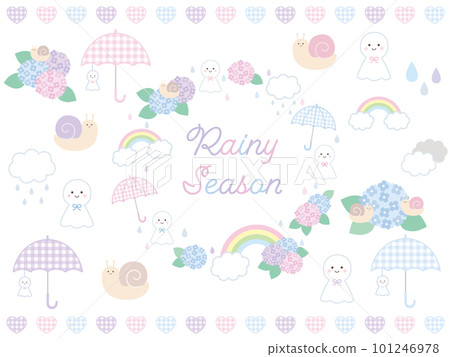 A cute illustration material set of a snail with a cute gingham check for the rainy season and a teru teru bozu 101246978