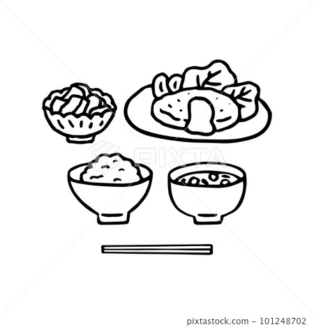 Balanced meal, Japanese food, Western food, hamburger, line drawing, monochrome Balanced meal, Japanese food, Western food, hamburger, line drawing, monochrome 101248702
