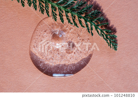 A drop of cosmetic gel on a beige background surrounded by plants and leaves. A drop of cosmetic gel on a beige background surrounded by plants and leaves. 101248810