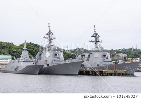 A stealth ship and an Aegis ship anchored at Yokosuka Port 101249027